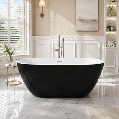 Baignoire autoportante ovale en acrylique de 140 cm (55 po) avec bonde centrale et trop-plein intégré, noire.