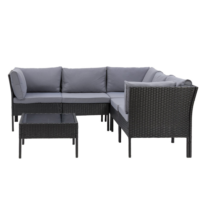 Ensemble de conversation modulaire en rotin 6 pièces avec coussins Flintville, Cadre noir/coussin gris Ash