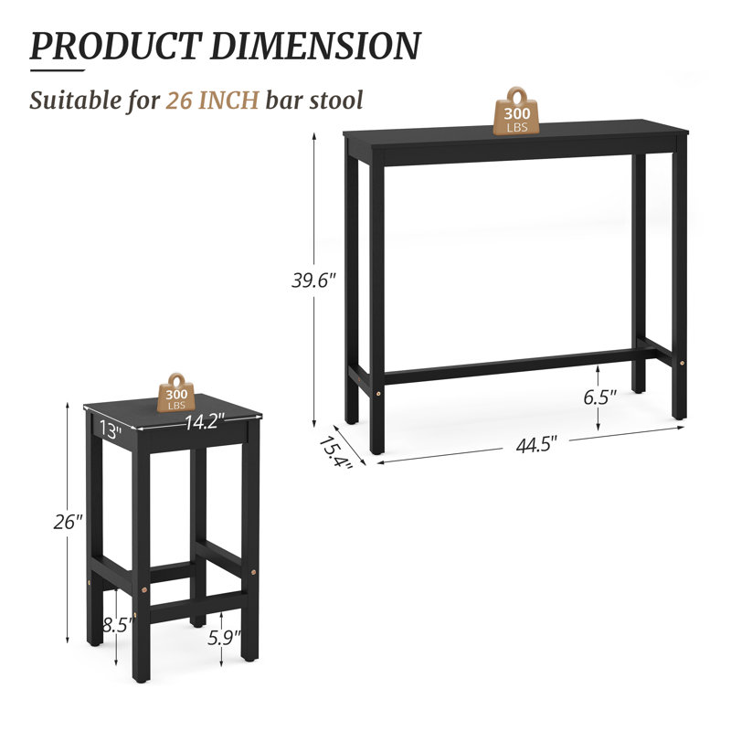 Euler Bar Table And Chairs Set, Black, 39”H x 45”L x 15”W