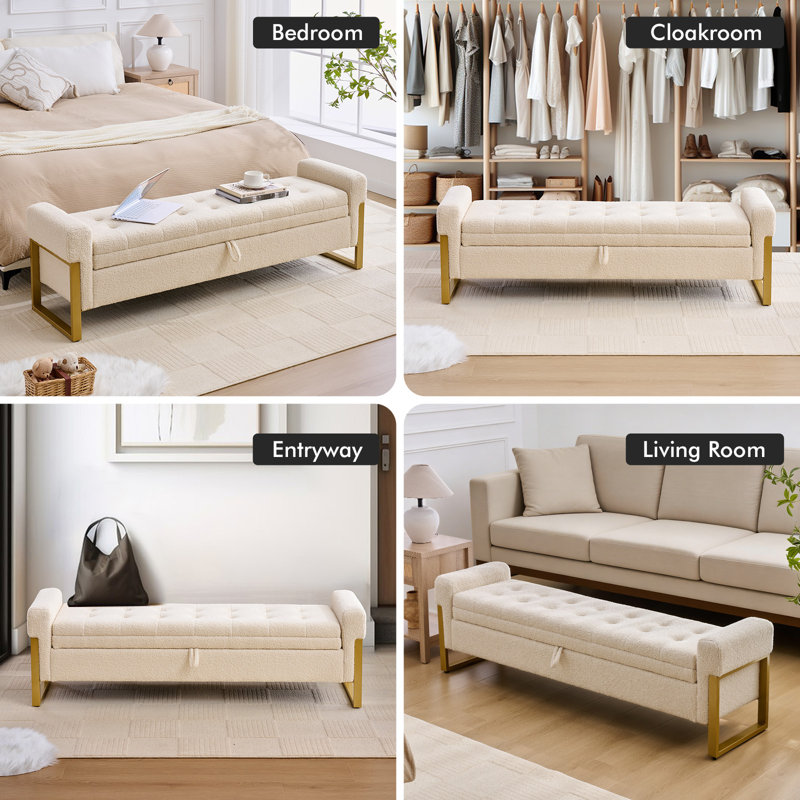 67'' W Modern Upholstered Velvet Storage Bench for Bedroom End of Bed with Gold Leg, Beige Teddy