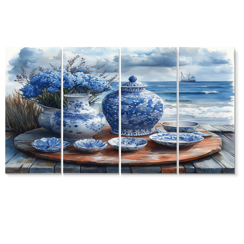 Céramique de plage dans des tons bleus et blancs - ensemble d'art mural de poterie de plage, H 32 po x l 64 po