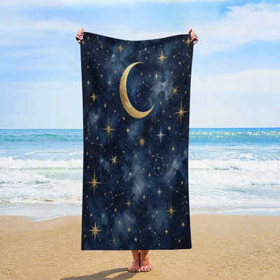 Golden Moon and Stars Night Sky Large Beach Towel Quick Dry Sand Free, Microfiber Lightweight Ultra Absorbent Pool Towel for Summer Vacation Travel Beach, 32 x 63 in