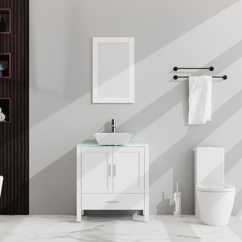 Meuble-lavabo de salle de bain blanc. Armoire avec plateau en verre. 18,5 * 30 * 31,5 pouces 2 portes, 1 tiroir. Rangement abondant. Surface lisse. Charnières à fermeture douce. Facile à installer. Comptoir chic 30 po. Blanc
