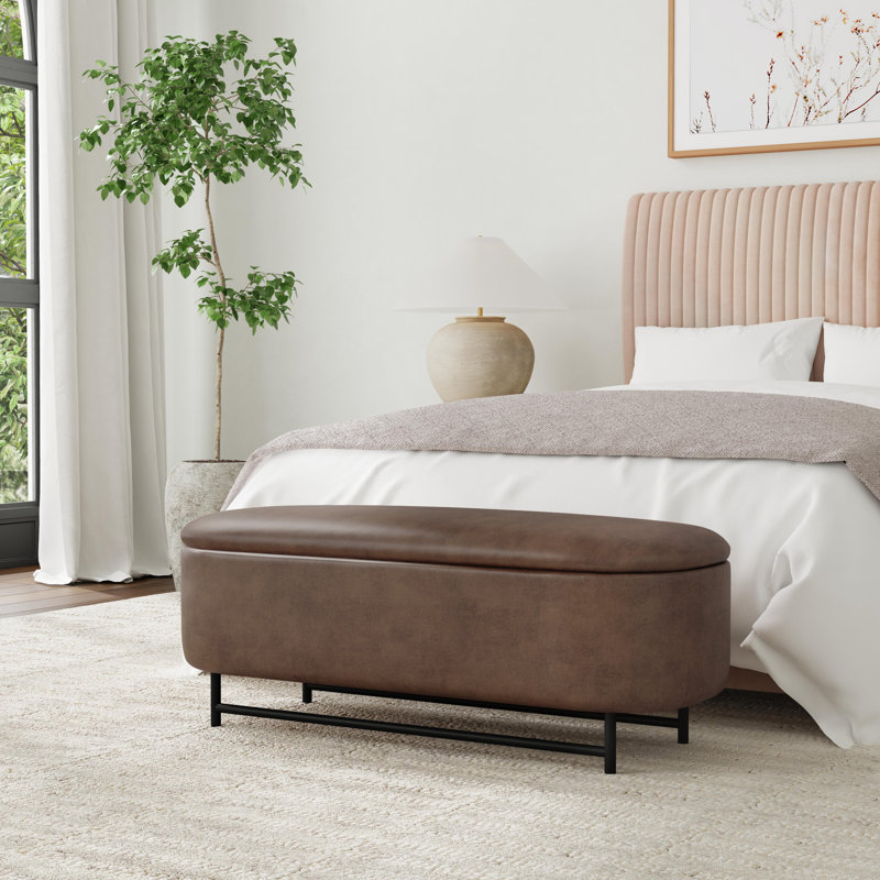 Brown Faux Leather Ellipse Storage Bench with Metal Legs