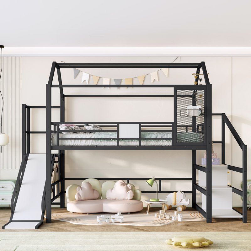 Full House Loft bed with Slide and Stairs, Metal Playhouse Bed with Storage Shelves, House-shaped Roof and Noise-free Design, Black