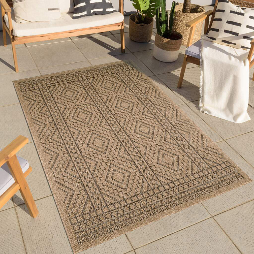 Teppich Wohnzimmer Jute-Look Beige - Boho-Stil 3D-Effekt - In-& Outdoor-Teppich