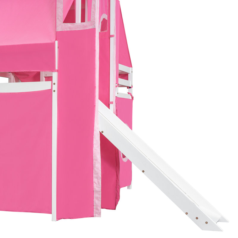 Lit mezzanine double avec tente et tour rose. Fabriqué en bois de pin massif robuste. Fenêtre de conception inspirée d'une maisonnette. Vaste espace de rangement. L 94,6 po x l 99,5 po x H 78,9 po. Matelas non inclus. Assemblage