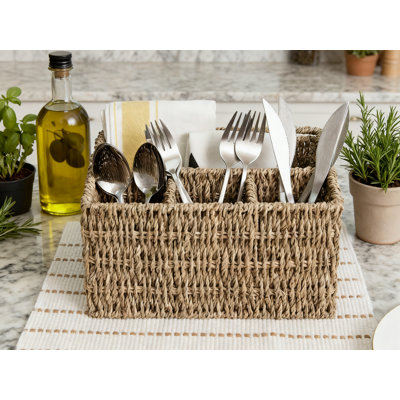 Handwoven Seagrass Flatware Organizer With Handle, 4-Compartment Cutlery Holder For Kitchen Countertop And Dining Table, Natural Wicker Utensil Caddy For Silverware And Napkins