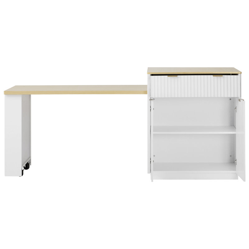 Îlot de cuisine cannelé 82,6 po avec table de salle à manger extensible, Blanc