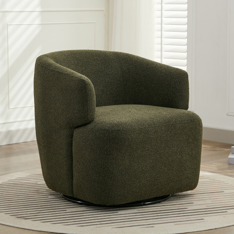 Wide Upholstered Swivel Barrel Accent Chair, No Assembly required, Dark Green Boucle