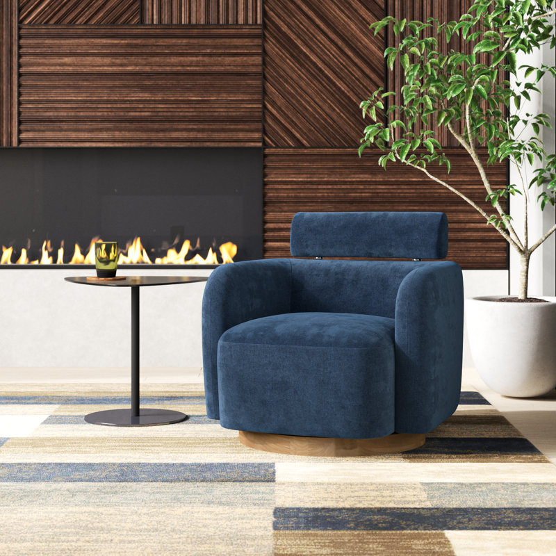 Fauteuil d'appoint pivotant avec appui-tête réglable Becerril, Frêne naturel, Mélange de polyester bleu