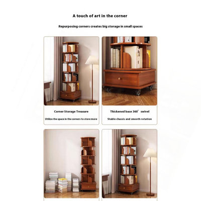 (UPGRADED) Bibliothèque rotative, bibliothèque d'angle à 360 degrés pour les petits espaces, étagère de rangement à 6 niveaux avec roulettes, rangement étroit en bois pour la chambre à coucher, le salon, la salle d'étude