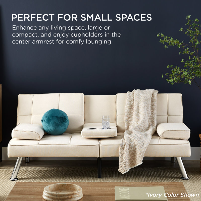 Latsia Modern Linen Convertible Futon Sofa Bed w/ Removable Armrests, Metal Legs, Cupholders, Light Gray