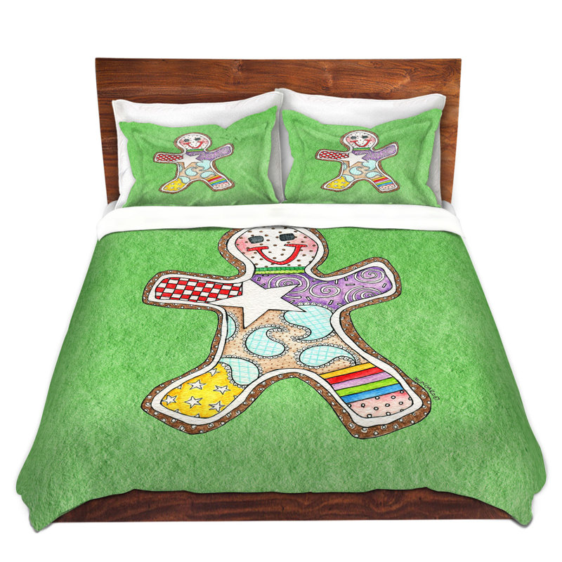 Ensemble de housse de couette pain d’épice, 1 housse + 2 taies très grand lit, Vert / Gris / Blanc