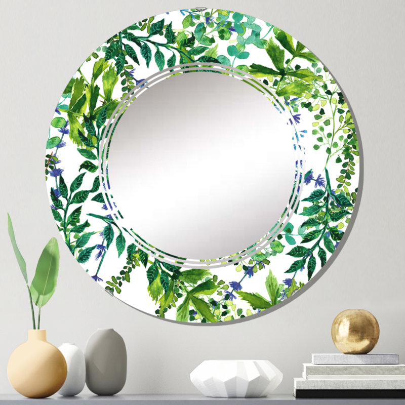 Green Herbs And Leaves On White - Miroir mural à motif rond, 24 po x 24 po