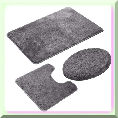 Luxury Chenille Bath Mat Set - Soft, Absorbent, Anti-Slip - 3 Piece Bathroom Rug Set with U-Shaped Mat, Shower Floor Mat, Lid Cover - Grey