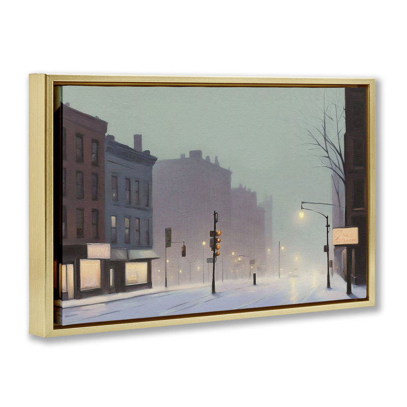  Toile flottante encadrée «Foggy City Street» par Noah Bay, H 17 po x l 25 po, Cadre flottant métallique doré