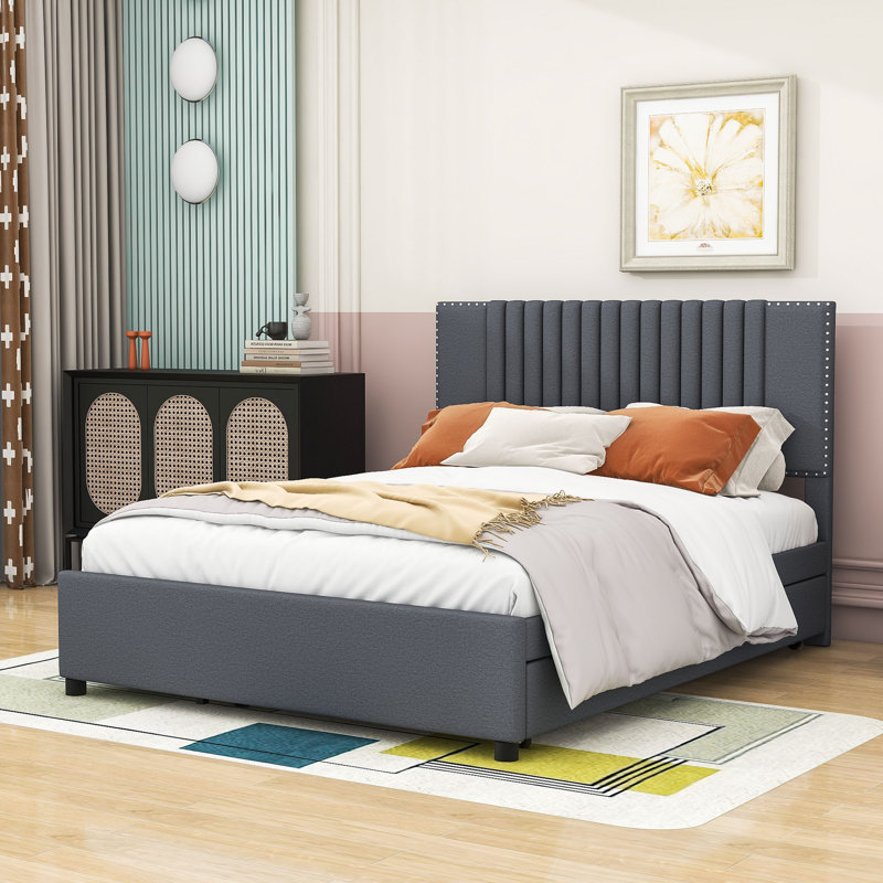 Lit plateforme tapissier avec tiroirs et lit gigogne Vanderhoof, Double, gris