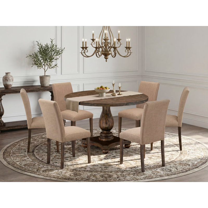 7 Piece Dining Set Consist of a Round Dining Room Table with Pedestal and 6 Light Sable Linen Fabric Upholstered Parson Chairs, Distressed Jacobean