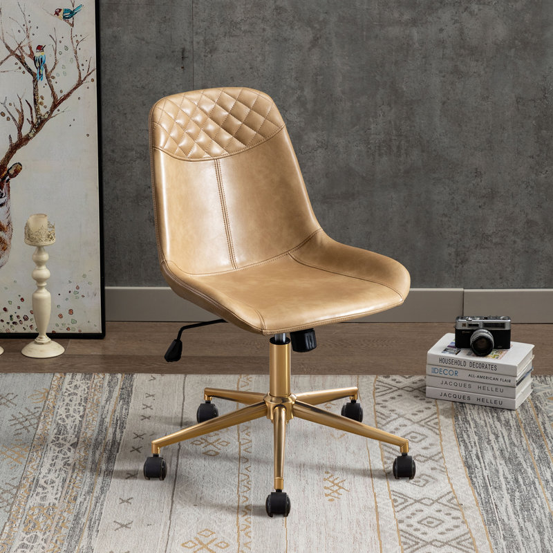 Keavey 23" Wide Leather Mid Back Mid-Century Modern Office Chair, Beige, Gold