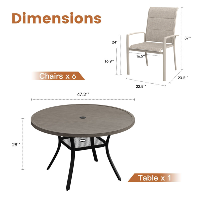 Ensemble de salle à manger de patio avec table de salle à manger ronde 47,2 po et 6 chaises rembourrées en textilène