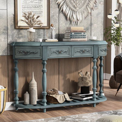 Console à 4 tiroirs et 1 tablette, table d'entrée moderne pour le salon et bois massif, finition et tablette bleu antique, pièce de décoration pour pièce, bois