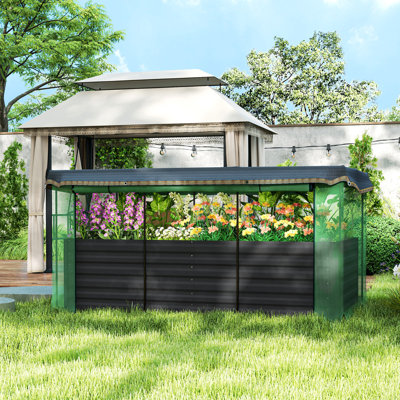 Lit de jardin surélevé galvanisé avec filet de protection des plantes en cage et toit en toile, pot à fleurs en métal avec couvercle pour légumes, fleurs, herbes,