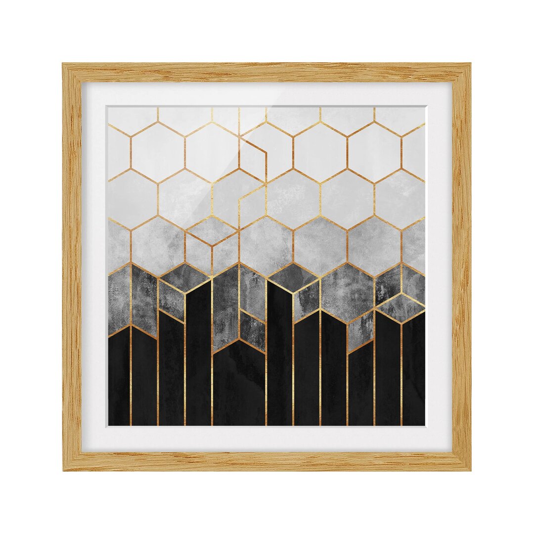 Gerahmtes Poster Golden Hexagons in SchwarzweiÃŸ