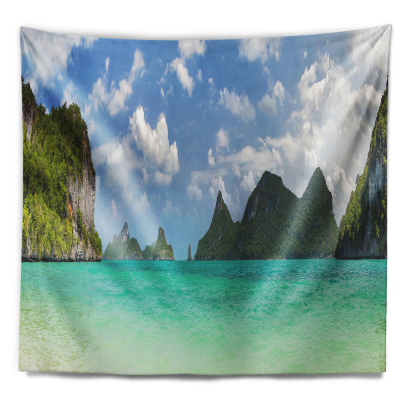Tapisserie de panorama de plage en thaïlande de polyester avec accessoires suspendus inclus, H 32 po x l 39 po