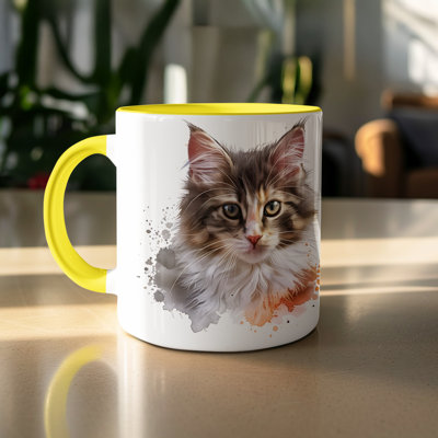 Cat Design 11oz Accent Mug – White Ceramic Coffee Cup with Colored Handle and Interior