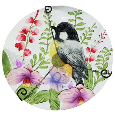 Colorful Glass Bird Bath Garden Stake with Chickadee Center