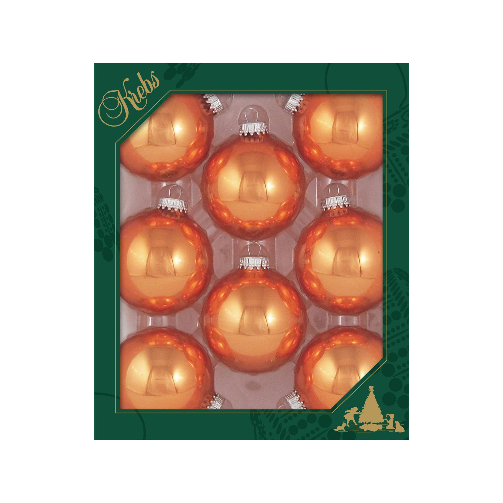 2 5/8" (67mm) Seamless Glass Ornament 8 Pieces, Decorated Designer Heirloom, Orange Crush