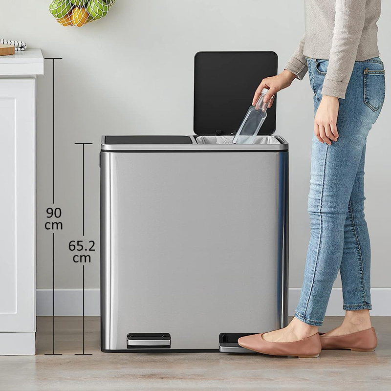 Silver Stainless SteelKitchen Waste System,Recycling Pedal Bin with Double Compartments,2x30L Double Bin for Recycling and Waste with 2Pedal