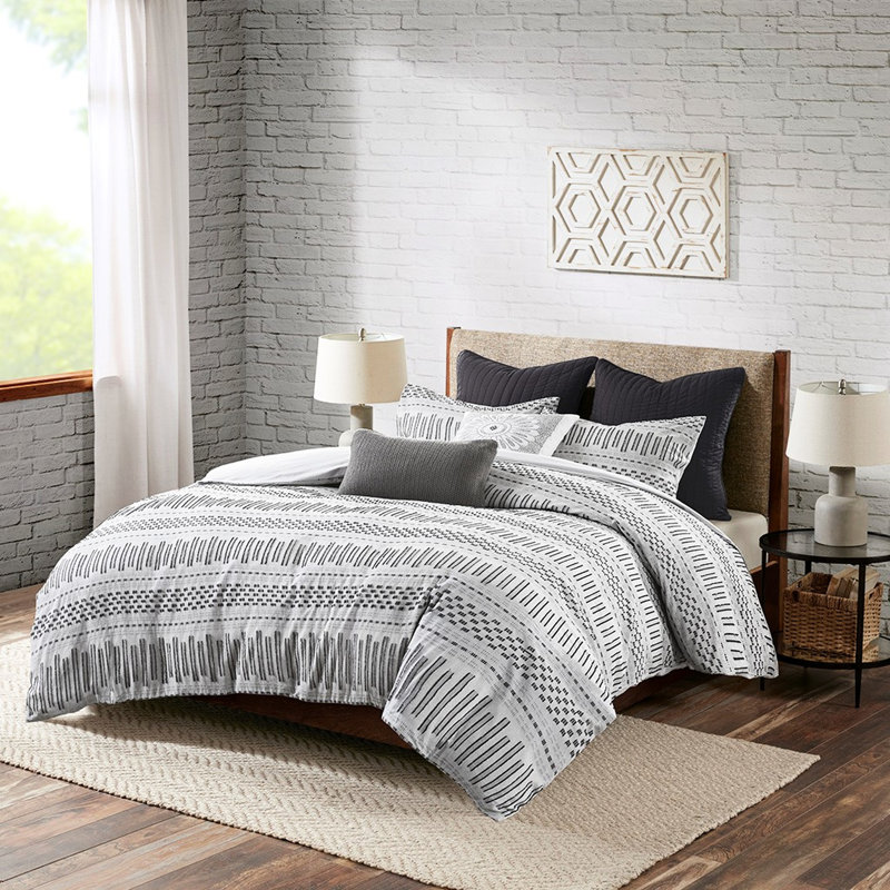 Édredon 100% coton très captivant gris / noir, Édredon pour très grand lit + 2 taies décorativ, Gris / Noir