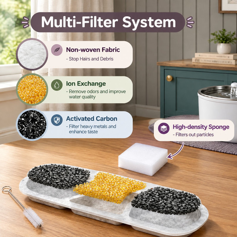 Trousse de filtres de rechange pour fontaines à eau compatibles, contenant 12 filtres, 12 éponges pour pompe et 1 brosse de nettoyage ; conçu pour gérer l'accumulation de mucus des animaux et réduire la prolifération bactérienne.