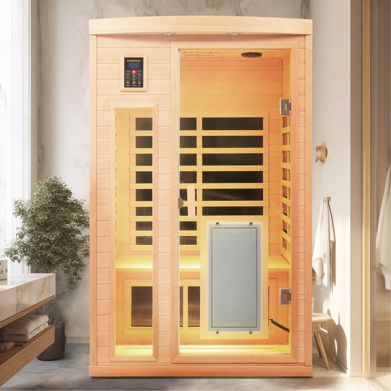 Low-EMF 2-Person Hemlock Wood Far-Infrared Indoor Sauna Room with Heated Glass Door
