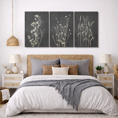 "Black Gray" Floral and Botanical Neutral Decor Minimalist, reproduction d'art encadrée sur toile, 3 pièces