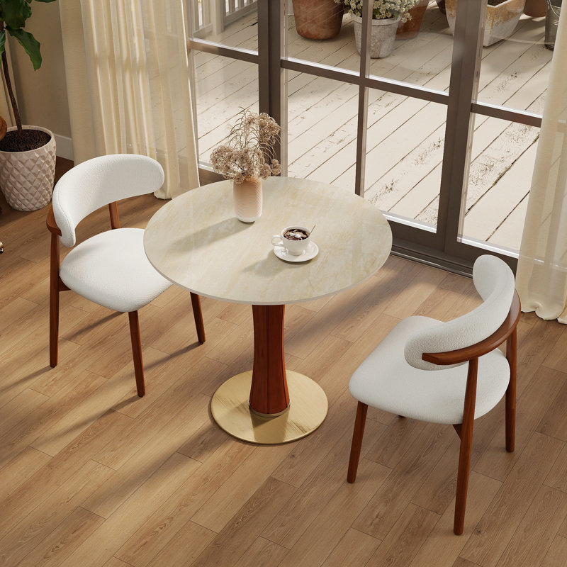 Table de salle à manger ronde moderne, table en pierre grotte 33,5 po avec pieds en bois et base dorée, table de cuisine pour 2 personnes pour un petit espace, capacité de poids de 150 lb
