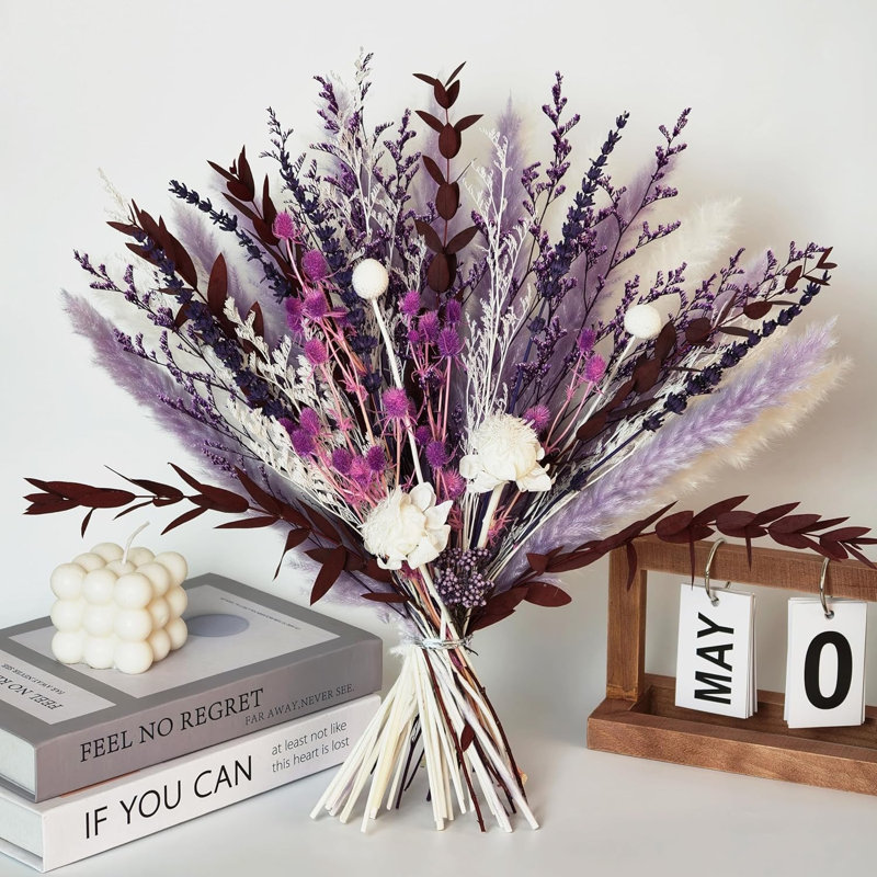 Bouquet de fleurs séchées bohème violettes - 43 cm (17 pouces) d'herbes de la pampa pour décoration intérieure ou centre de table de mariage