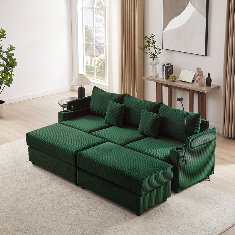 Canapé modulaire 3 places avec 2 repose-pieds mobiles Maroun, Velours côtelé vert