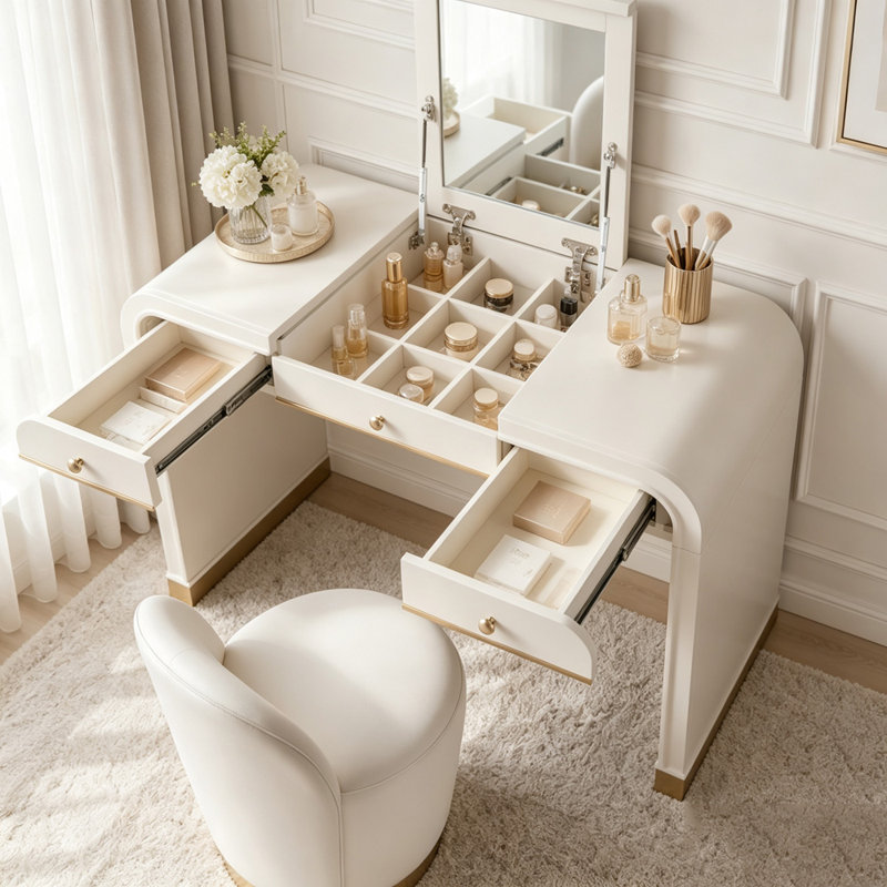 Coiffeuse 3 en 1 avec miroir rabattable et finitions décoratives, Champagne