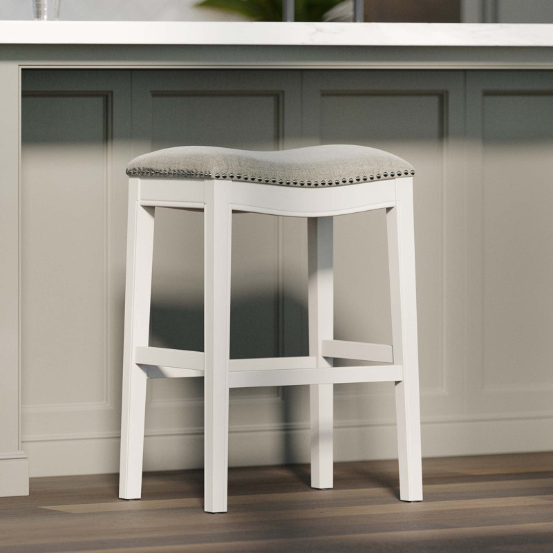 Tabouret de bar en bois à hauteur de bar sans dossier avec garniture cloutée, Blanc