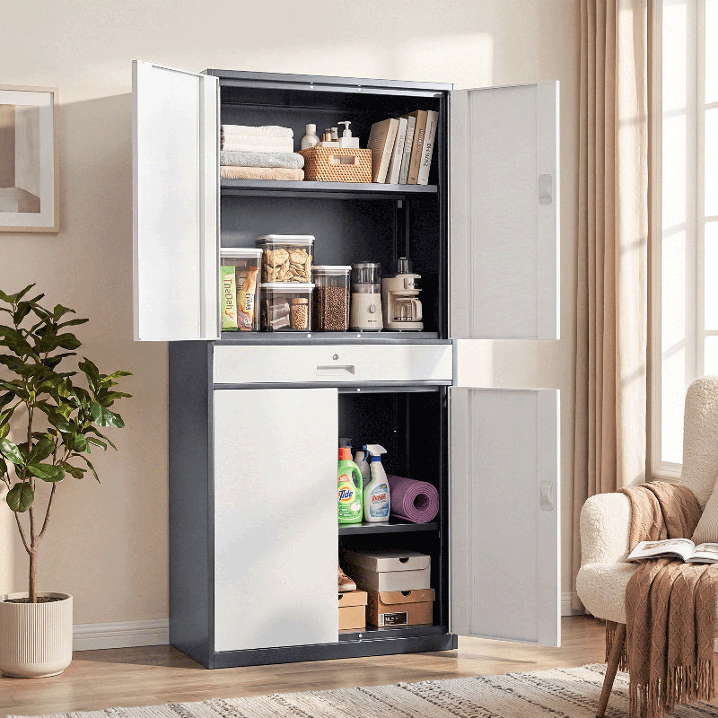 71" Metal Storage Cabinet, Garage Storage Organizer with Locking Doors, Drawer and Adjustable Shelves, Grey/White