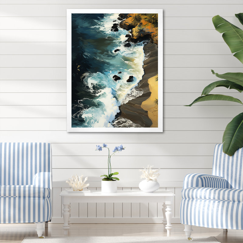 Lueur aérienne de sables tropicaux - art mural plage, H 20 po x l 12 po x P 1 po, Cadre flottant blanc