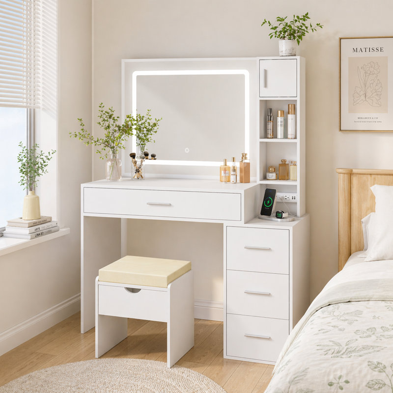 Vanity Desk with LED Lighted Mirror, Sliding Side Cabinet with Expandable Storage, Makeup Table with Drawers & Shelves, Built-in Power Outlet, Vanity Set with Storage Stool for Bedroom