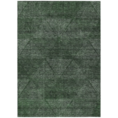 8' X 10' Fern Green And Emerald Geometric Washable Indoor Outdoor Area Rug