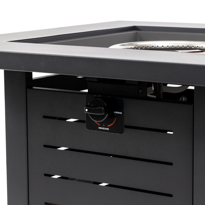 Foyer au propane carré en acier de 28 pouces, 50000, approuvé, extérieur pour terrasse, avec perles de verre et table de protection 28 pouces, cadre, brûleur en acier inoxydable, allumeur électronique, vent