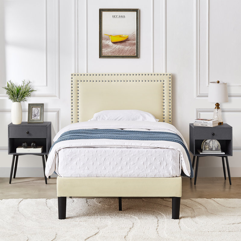 Ensemble de chambre avec lit plateforme 3 pièces Keyona, Gris / Crème, Simple