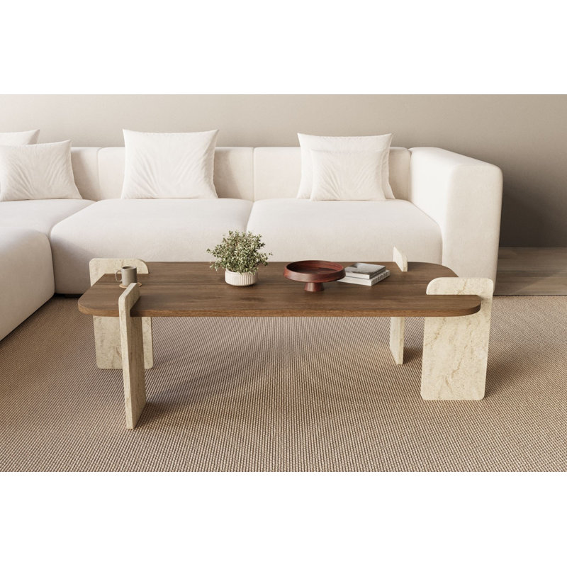 Table basse moderne, finition noyer et travertin, 47,2 po x 13,8 po x 23,6 po | Panneau de particules 100% mélaminé | Conception élégante pour les salons et les bureaux contemporains, assemblage facile requis