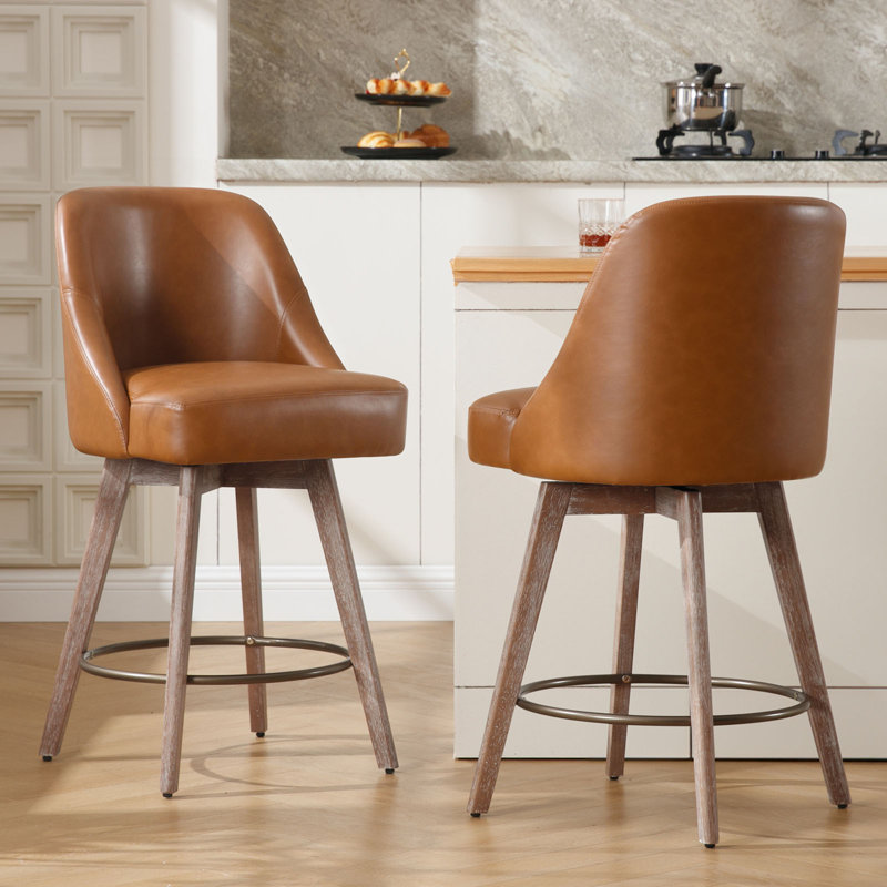  Malikhai Swivel 26" Swivel Upholstered Counter Stool with Solid Wood Frame, Brown